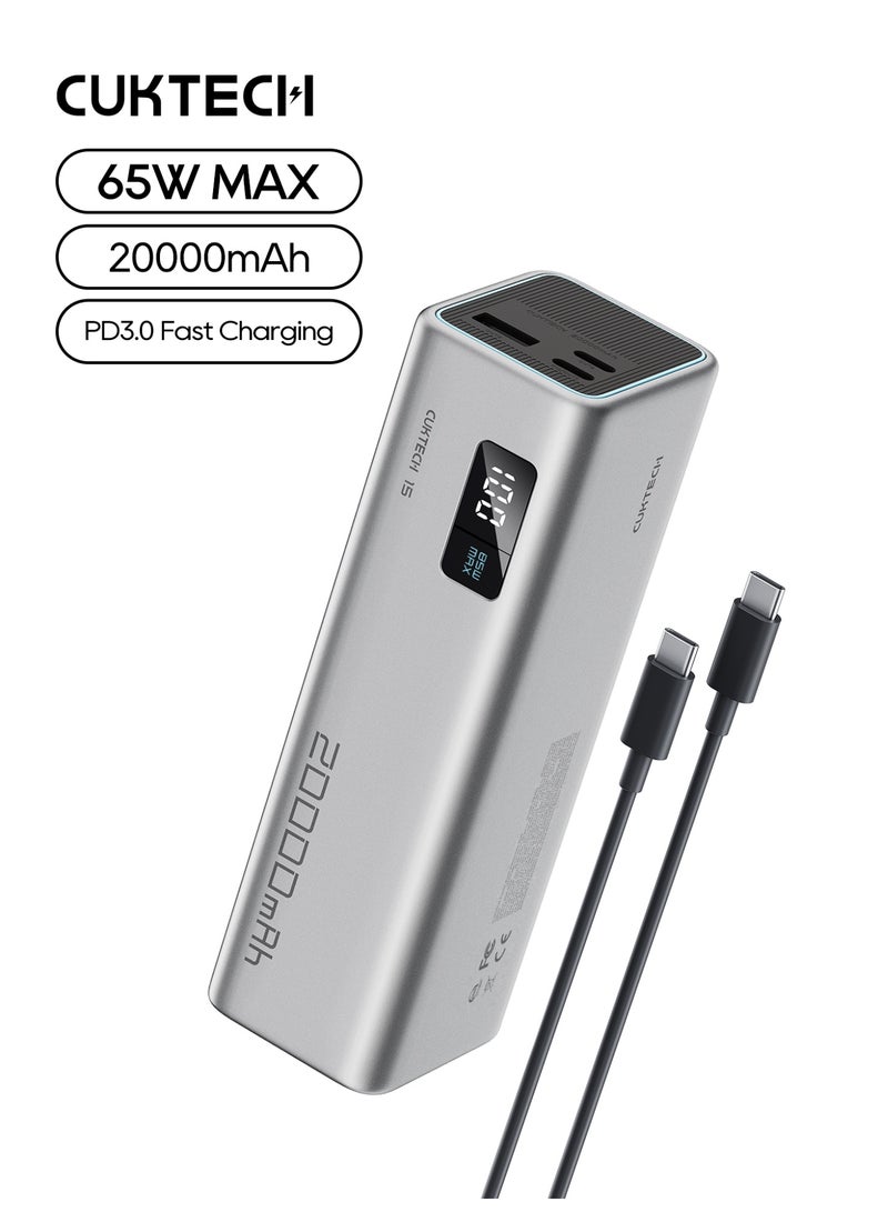 CUKTECH 15SE Power Bank, 20000mAh Portable Charger 65W MAX PD 3.0 Fast Charging Battery Pack For Laptops, MacBook, iPhone, Samsung & Switch - Grey - Image 1