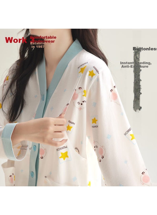 HOdo Hongdou Women's Long-sleeve Long Pants, Pure Cotton Printed, Comfortable Maternity And Nursing Loungewear Set - Image 3