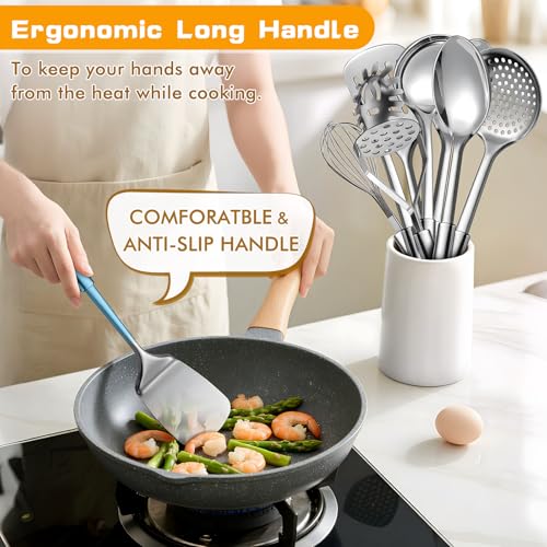 MemoGem 9 Pcs Cooking Utensils Set, Stainless Steel Kitchen Utensils, Heat Resistant Metal Kitchen Tools Include Solid & Slotted Spatula, Serving Spoon, Ladle, Pasta Server,Potato Maseher, Egg Whisk, Silver - Image 4