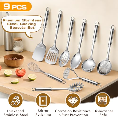 MemoGem 9 Pcs Cooking Utensils Set, Stainless Steel Kitchen Utensils, Heat Resistant Metal Kitchen Tools Include Solid & Slotted Spatula, Serving Spoon, Ladle, Pasta Server,Potato Maseher, Egg Whisk, Silver - Image 3