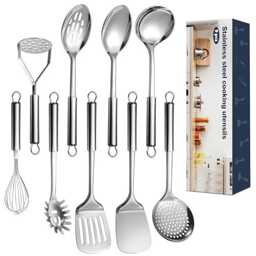 MemoGem 9 Pcs Cooking Utensils Set, Stainless Steel Kitchen Utensils, Heat Resistant Metal Kitchen Tools Include Solid & Slotted Spatula, Serving Spoon, Ladle, Pasta Server,Potato Maseher, Egg Whisk, Silver - Image 1