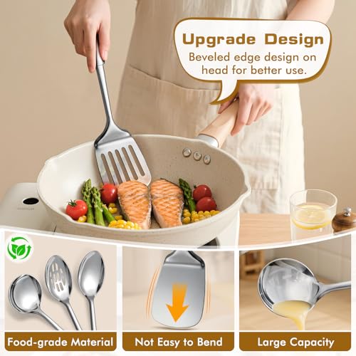 MemoGem 9 Pcs Cooking Utensils Set, Stainless Steel Kitchen Utensils, Heat Resistant Metal Kitchen Tools Include Solid & Slotted Spatula, Serving Spoon, Ladle, Pasta Server,Potato Maseher, Egg Whisk, Silver - Image 5