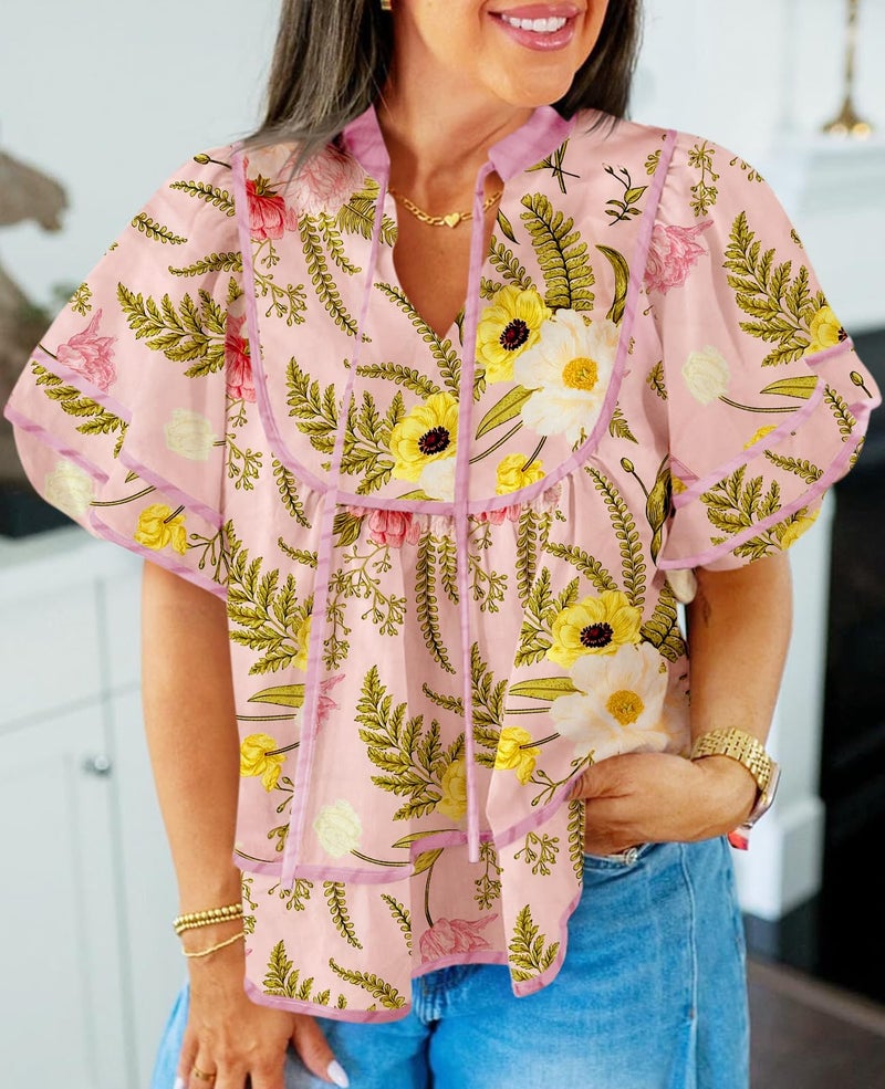 Cicy Bell Womens Summer Babydoll Tops V Neck Short Lantern Sleeve Shirts Cute Loose Fit Floral Flowy Blouses - Image 3