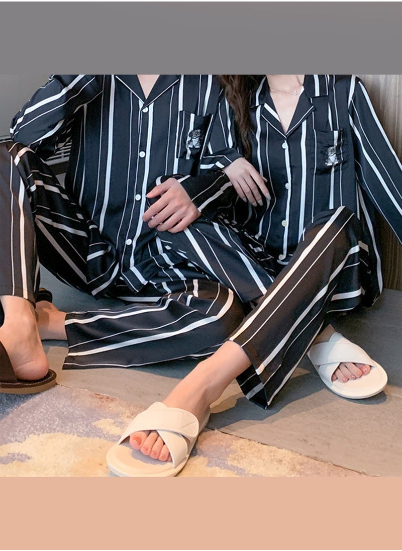 MARGOUN Couple Matching Pajamas Striped Long Sleeve Shirt and Pants Sleepwear Soft Embroidery Cartoon on the Pocket, Pajamas Set Button Down Loungewear Homewear Nightwear MG05  - Image 4