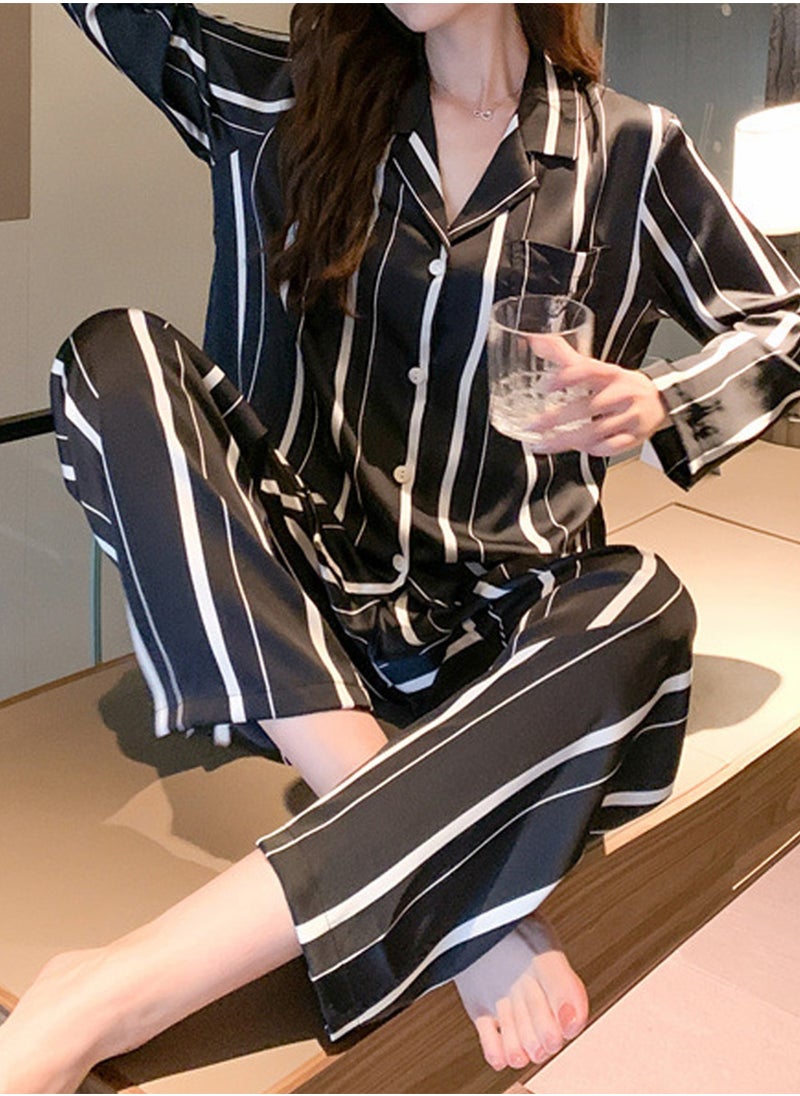 MARGOUN Couple Matching Pajamas Striped Long Sleeve Shirt and Pants Sleepwear Soft Embroidery Cartoon on the Pocket, Pajamas Set Button Down Loungewear Homewear Nightwear MG05  - Image 3