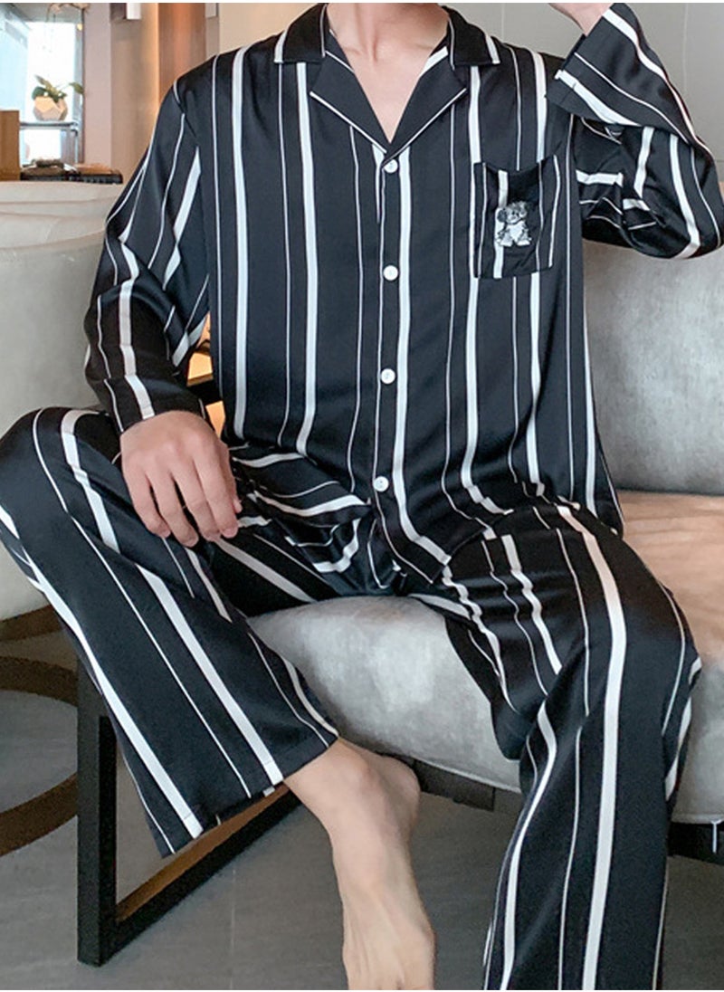 MARGOUN Couple Matching Pajamas Striped Long Sleeve Shirt and Pants Sleepwear Soft Embroidery Cartoon on the Pocket, Pajamas Set Button Down Loungewear Homewear Nightwear MG05  - Image 2