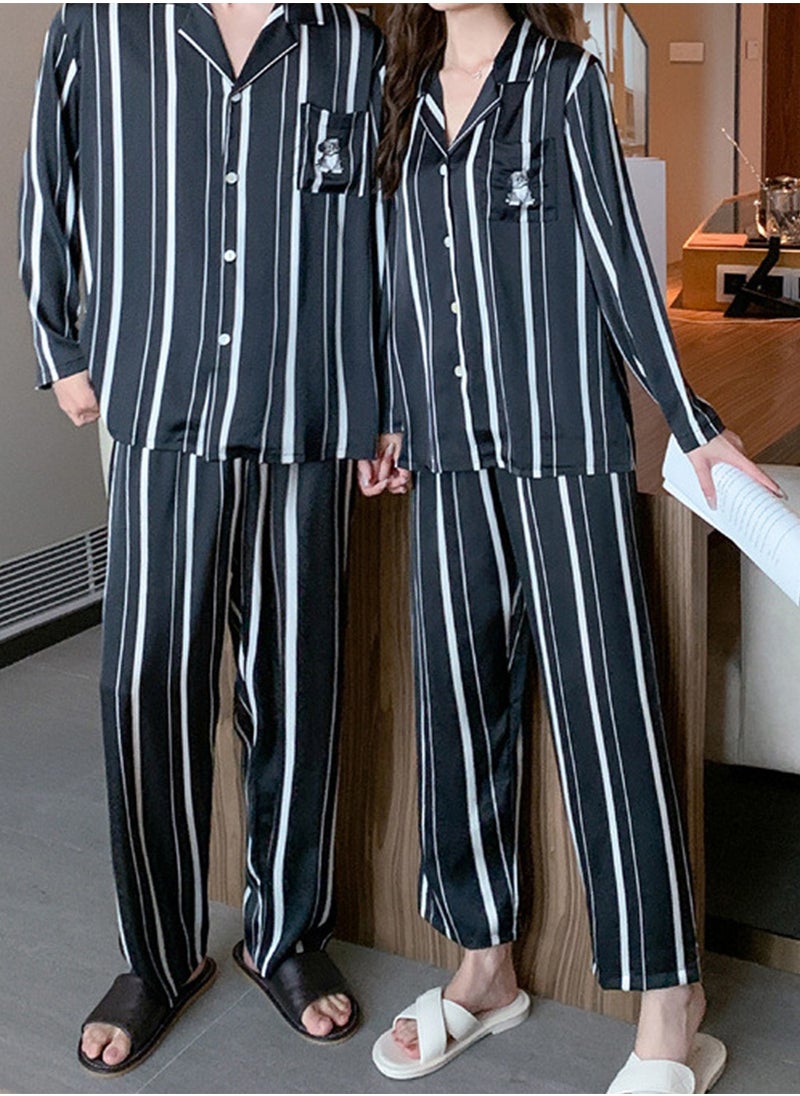 MARGOUN Couple Matching Pajamas Striped Long Sleeve Shirt and Pants Sleepwear Soft Embroidery Cartoon on the Pocket, Pajamas Set Button Down Loungewear Homewear Nightwear MG05  - Image 1