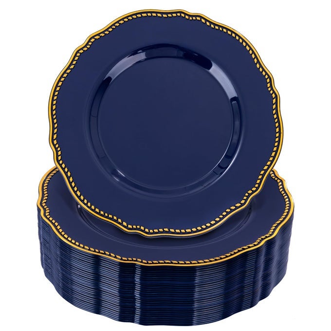 60PCS BLUE PLASTIC PLATES BLUE AND GOLD DISPOSABLE DINNERWARE WITH GOLD RIM HEAVYDUTY 75 INCH DESSERT PLATES FOR PARTY WEDDING