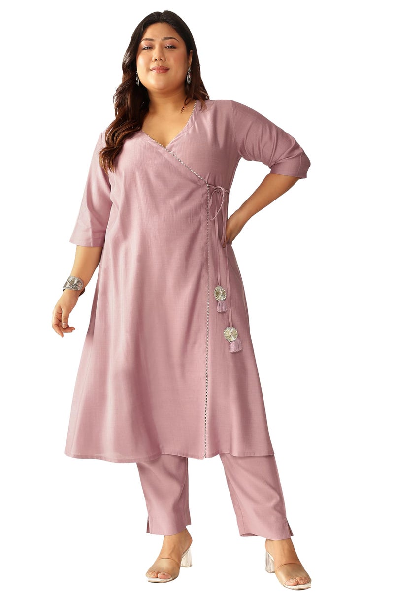 Janasya Women Silk Blend Solid Kurta & Pant Set Lavender Color Trending Outfit - Image 1