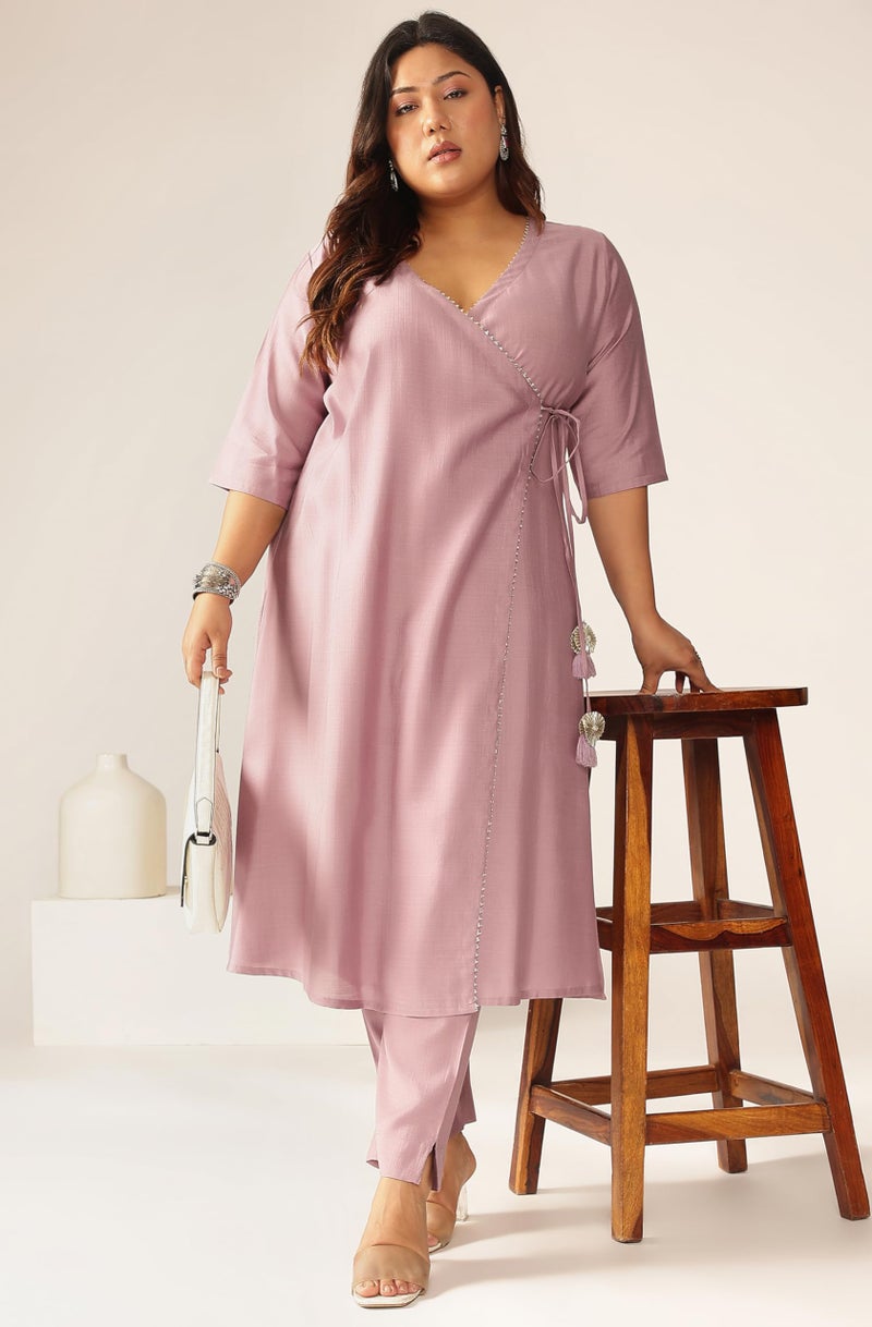 Janasya Women Silk Blend Solid Kurta & Pant Set Lavender Color Trending Outfit - Image 2