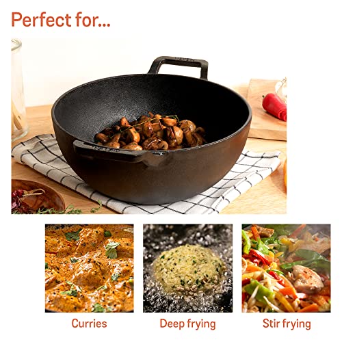 Meyer Pre Seasoned Cast Iron Kadai|Iron Kadhai with Lid for Cooking and Deep Frying | Heavy Base Iron Kadai Small Size | Gas Stove and Induction Friendly 20cm/ 2 Liters, Black - Image 3