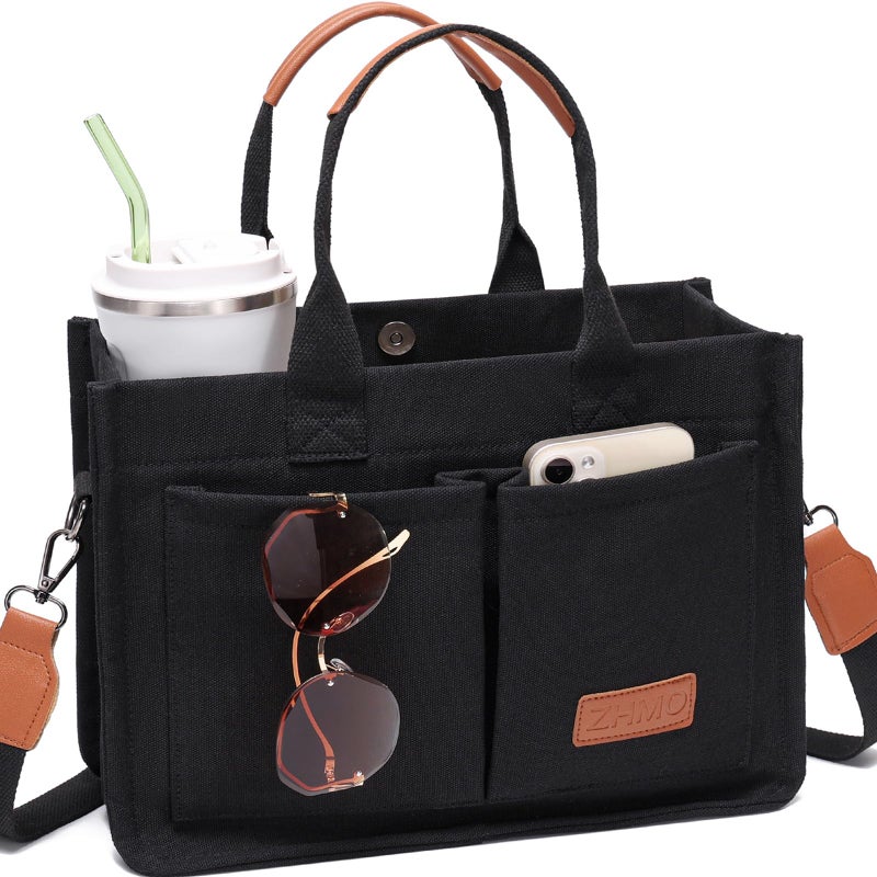 ZHMO Canvas Tote Bag for Women With Compartments and Pocket,Black Women's Bags Crossbody Bags Work Laptop Tote Bag Large Satchels Handbag Tote Purse Everyday Shoulder Bag for Travel Nurse Teacher Gift - Image 1