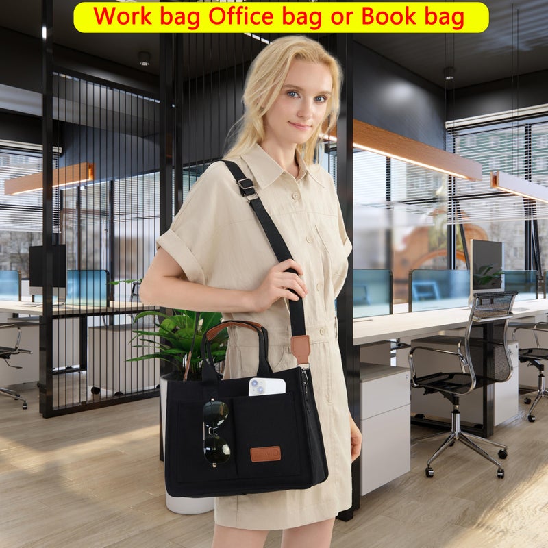 ZHMO Canvas Tote Bag for Women With Compartments and Pocket,Black Women's Bags Crossbody Bags Work Laptop Tote Bag Large Satchels Handbag Tote Purse Everyday Shoulder Bag for Travel Nurse Teacher Gift - Image 3