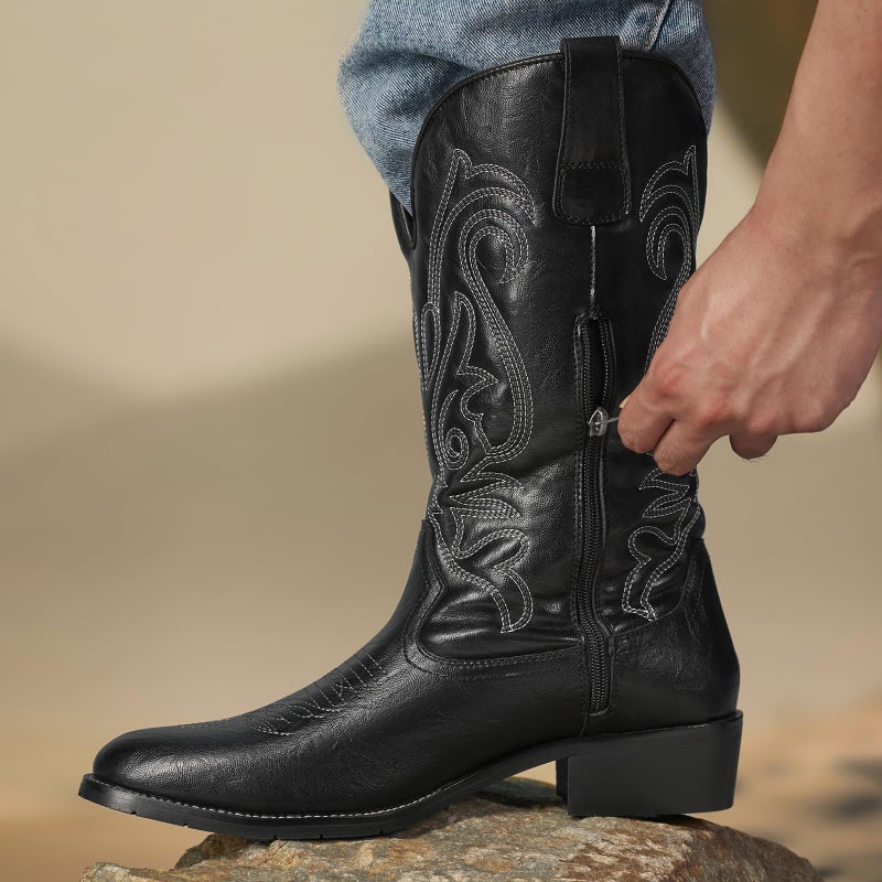 TruVeld Mens Cowboy Boots with Pointed Toe in Black Retro Western Style and Embroidery Botas Vaqueras para Hombre - Image 2