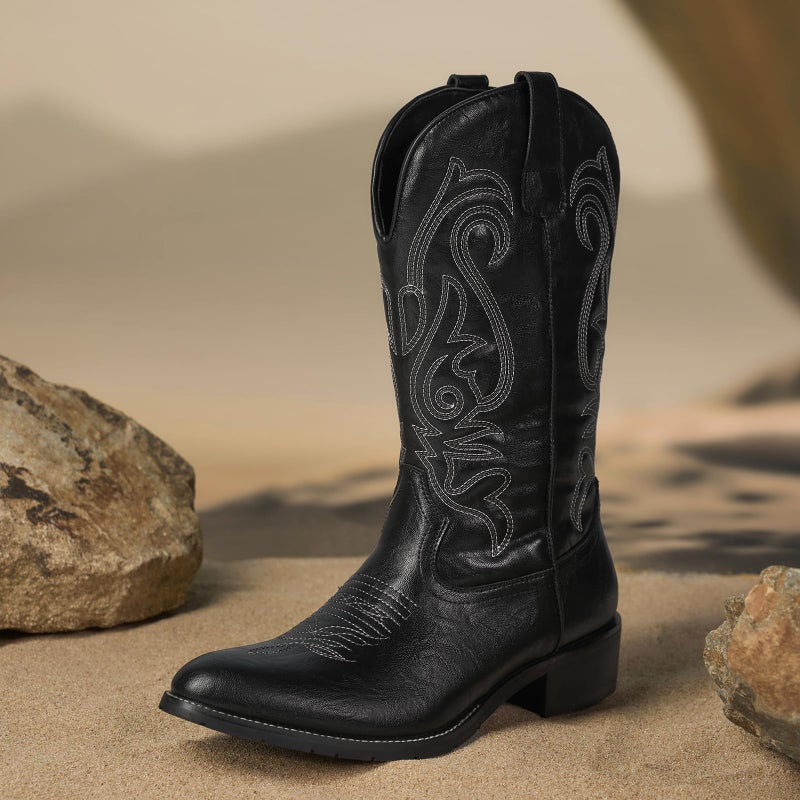 TruVeld Mens Cowboy Boots with Pointed Toe in Black Retro Western Style and Embroidery Botas Vaqueras para Hombre - Image 3