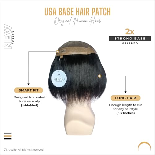 Artello® USA BASE Smart Hair Patch for Men, Matte Hair Wig in 100% Natural Human Hair, Most Durable Grip Strip for Extra Cushioning, 2x Strong Base (Colour: Natural Black) (8x6) - Image 2