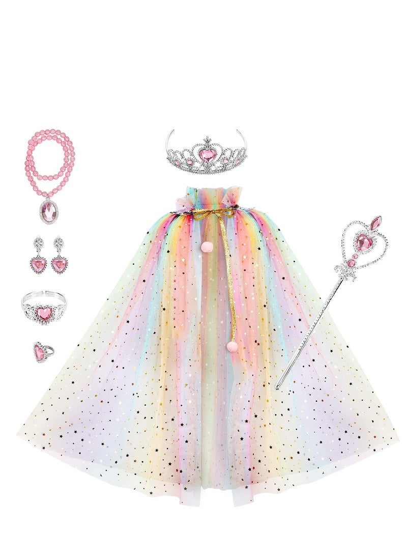 SYOSI Princess Cape Set 7 Pieces Girls Cloak with Tiara Crown, Wand for Little Dress up, Multicolour - Image 1