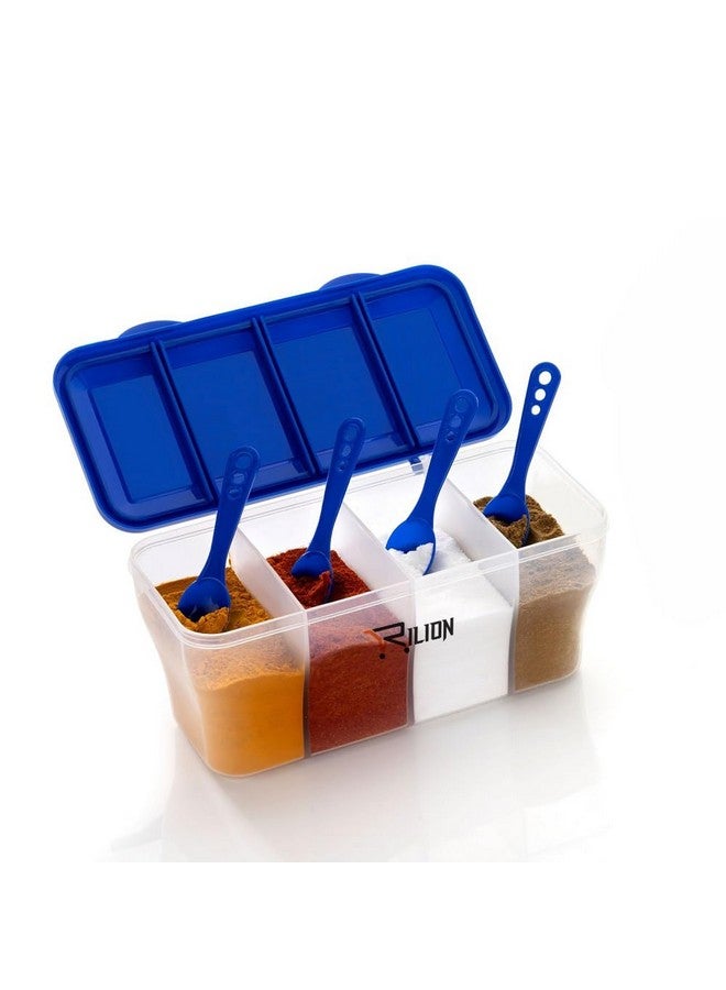 RILION Multipurpose Plastic 4 In 1 Masala Box for Kitchen, Transparent Pickel Box, 4 Compartment Storage Container Airtight For Cereal, Dry Fruits Dabba1800 Ml with 4 Spoons(Blue) - Image 1
