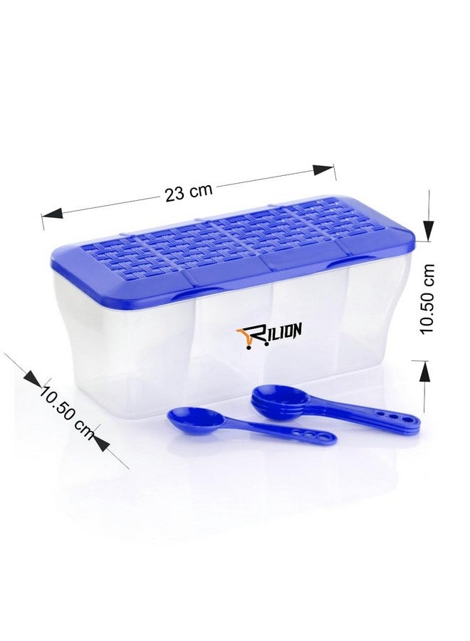 RILION Multipurpose Plastic 4 In 1 Masala Box for Kitchen, Transparent Pickel Box, 4 Compartment Storage Container Airtight For Cereal, Dry Fruits Dabba1800 Ml with 4 Spoons(Blue) - Image 2