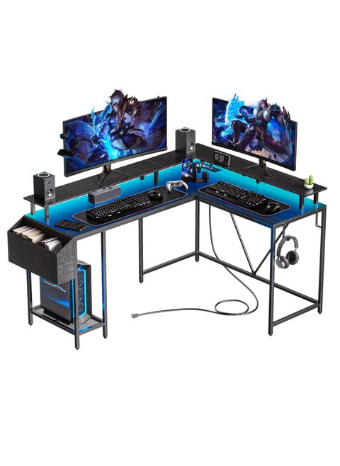 53 in (~134.6 cm) L-Shaped Desk, L-Shaped Game Table without Electrical Outlet and LED Lights, Computer Desk with Monitor Stand and Storage Pocket, Home Office Corner Desk with Hooks, Easy to Assemble, Grey Oak