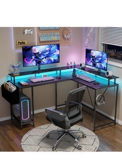 Alibaba 53 in (~134.6 cm) L-Shaped Desk, L-Shaped Game Table without Electrical Outlet and LED Lights, Computer Desk with Monitor Stand and Storage Pocket, Home Office Corner Desk with Hooks, Easy to Assemble, Grey Oak  - Image 5