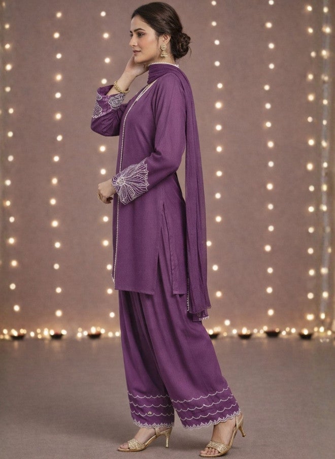WineRed Wine Red Women Embroidered Kurti with Salwar and Dupatta - Image 2