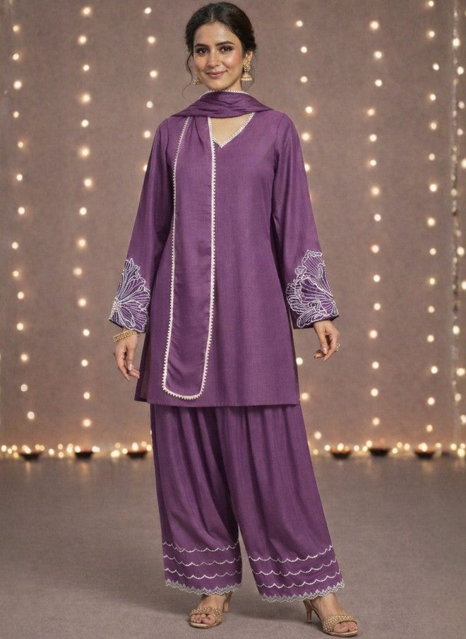 WineRed Wine Red Women Embroidered Kurti with Salwar and Dupatta - Image 1