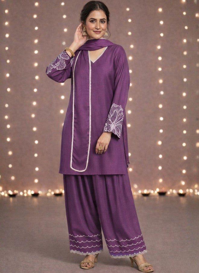 WineRed Wine Red Women Embroidered Kurti with Salwar and Dupatta - Image 3