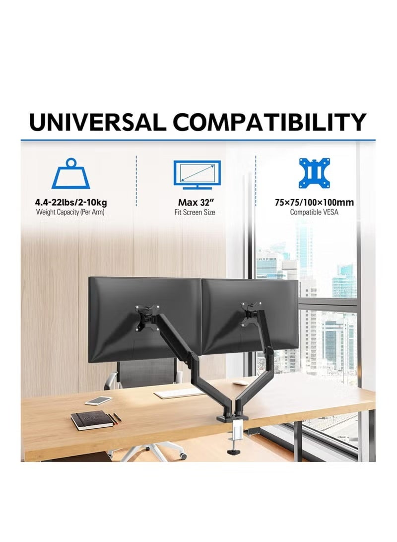 Versatile Dual Monitor Mount - Adjustable Gas Spring Arm Stand for Enhanced Workspace Ergonomics - Clamp or Grommet Base - Supports 13 to 32 Inch Monitors" - Image 2