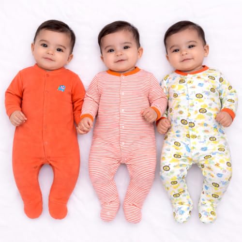 VParents Aqua Full Length Printed Baby Footies Sleepsuit Romper Pack of 3 - New Born (0-3 Months, Orange) - Image 1