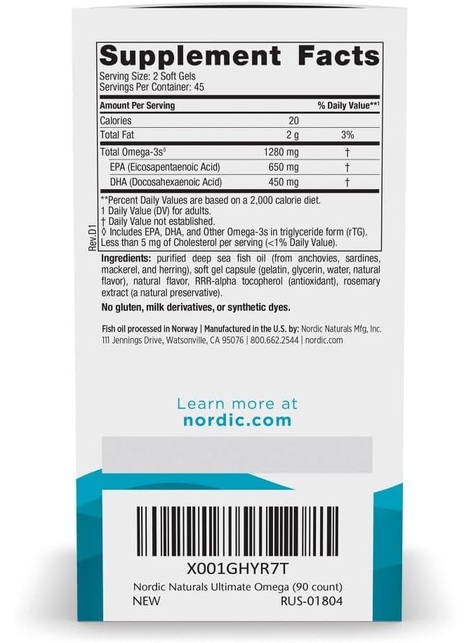 NORDIC NATURALS أوميغا النهائية من نوردك ناتشورالز، بنكهة الليمون - 90 كبسولة لينة - 1280 ملغ أوميغا-3 - مكمل زيت السمك أوميغا-3 عالي الفعالية مع EPA و DHA - يعزز صحة الدماغ والقلب - غير معدّل وراثيًا - 45 حصة - Image 2
