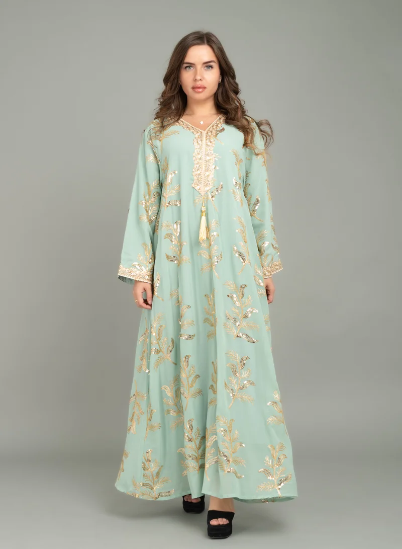 IKKXA Lace Neckline Embroidered Jalabiya CJ1039 Blue