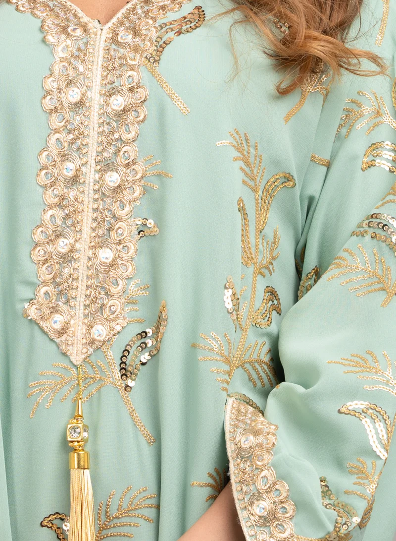 IKKXA Lace Neckline Embroidered Jalabiya CJ1039 Blue