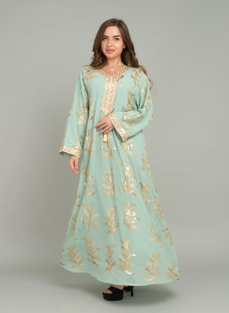 IKKXA Lace Neckline Embroidered Jalabiya CJ1039 Blue