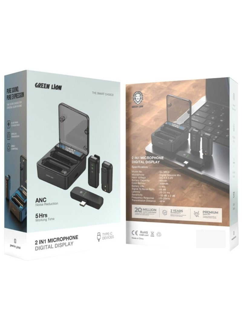 GREEN LION 2 IN 1 Microphone Digital Display, ANC Noise Reduction, Low Latency, Long Lasting Battery, 5H Working Time, Wireless Transmission, Lightweight, Portable & Compact - Black  - Image 2
