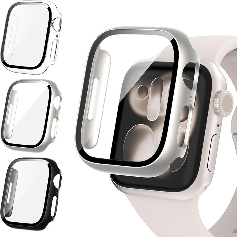 FULLIFE 3 Pack Compatible for Apple Watch 42mm Screen Protector,Built in 9H Tempered Glass Film,Overall Hard PC Protective Case for iWatch Series 3 2 1,Black/Starlight/Transparent - Image 1