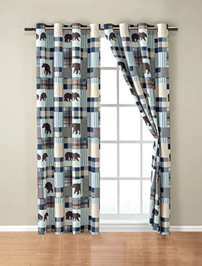 RUSTIC MODERN FARMHOUSE CABIN LODGE WINDOW TREATMENT GROMMET CURTAIN SET WITH PATCHWORK OF GRIZZLY BEARS AND BUFFALO PLAID CHECK PATTERNS BEIGE BLUE CURTAIN SET WESTERN 2