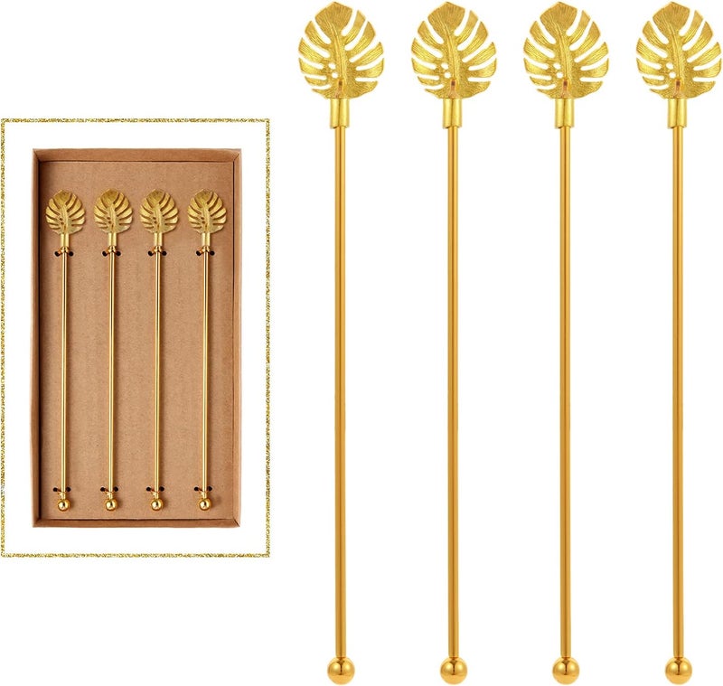 GaryVault Stainless Steel Coffee Beverage Stirrers Stir Cocktail Drink Swizzle Stick with Palm leaf Metal Top,4PCS GOLD stirrer - Image 1