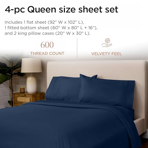 Threadmill 100% Cotton Sheets for Queen Size Bed - 600 Thread Count Queen Bed Sheets Set with 16” Deep Pocket - Sateen Weave 4-Piece Bedding Set with Cooling Effect, Folkstone Blue - Image 2