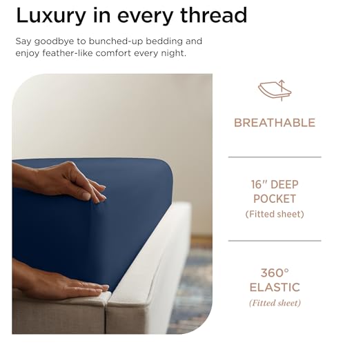 Threadmill 100% Cotton Sheets for Queen Size Bed - 600 Thread Count Queen Bed Sheets Set with 16” Deep Pocket - Sateen Weave 4-Piece Bedding Set with Cooling Effect, Folkstone Blue - Image 3