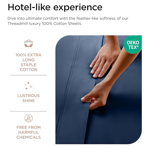 Threadmill 100% Cotton Sheets for Queen Size Bed - 600 Thread Count Queen Bed Sheets Set with 16” Deep Pocket - Sateen Weave 4-Piece Bedding Set with Cooling Effect, Folkstone Blue - Image 4