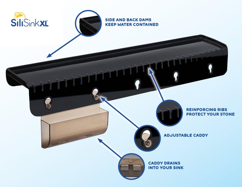SiliProducts SiliSink XL Silicone Edge Guard for Kitchen Sink - Fits 3.75” - 4” Wide - The Original Silicone Sink Edge Protector with Sponge Caddy - Splash Guard, 20” Black Diamond - Image 4