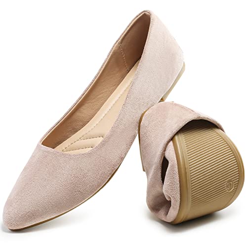 HEAWISH Women’s Black Flats Shoes Comfortable Suede Pointed Toe Slip On Casual Ballet Flats Dress Shoes Nude Flats(Nude, US9.5) - Image 1