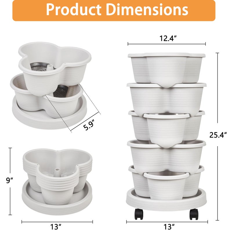 VECELO 5 Tier Vertical Garden Planter, Self Watering Stackable Planters with Wheels for Strawberries, Herbs, Flowers, Vegetables, Gray - Image 2