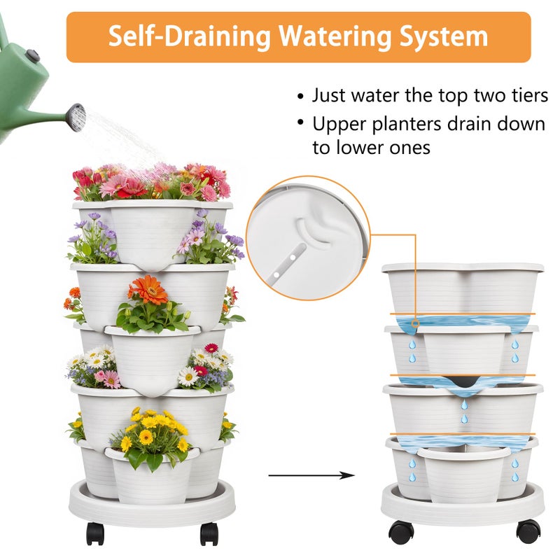 VECELO 5 Tier Vertical Garden Planter, Self Watering Stackable Planters with Wheels for Strawberries, Herbs, Flowers, Vegetables, Gray - Image 3