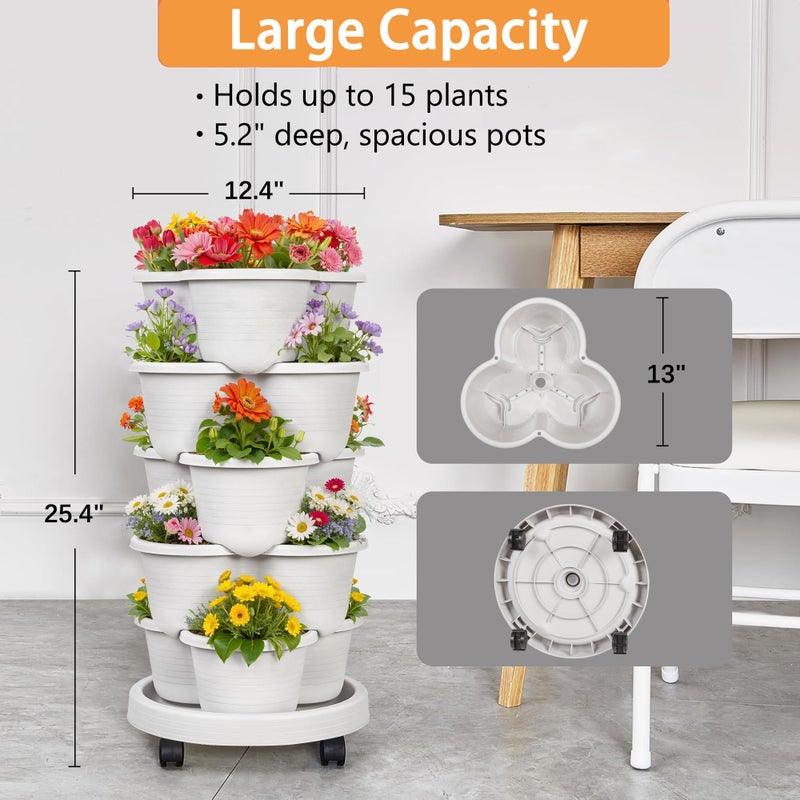 VECELO 5 Tier Vertical Garden Planter, Self Watering Stackable Planters with Wheels for Strawberries, Herbs, Flowers, Vegetables, Gray - Image 5
