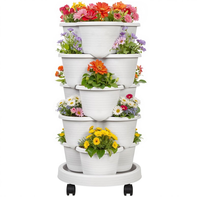 VECELO 5 Tier Vertical Garden Planter, Self Watering Stackable Planters with Wheels for Strawberries, Herbs, Flowers, Vegetables, Gray - Image 1