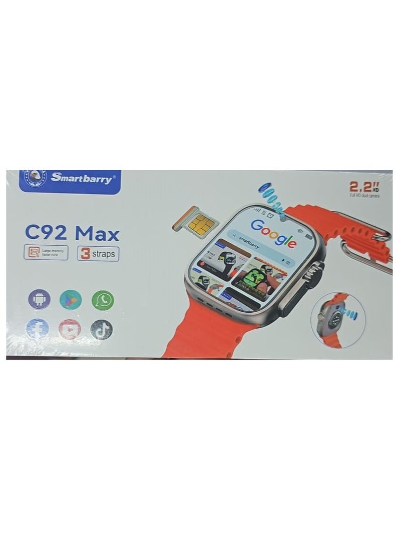 سمارت بيري - ساعة ذكية Max C92 اندرويد مع كامرتين بفتحات لبطاقة Sim للرجال والنساء بلوتوث وشبكة خلوية واي فاي ونظام تحديد المواقع  3 احزمة - Image 1
