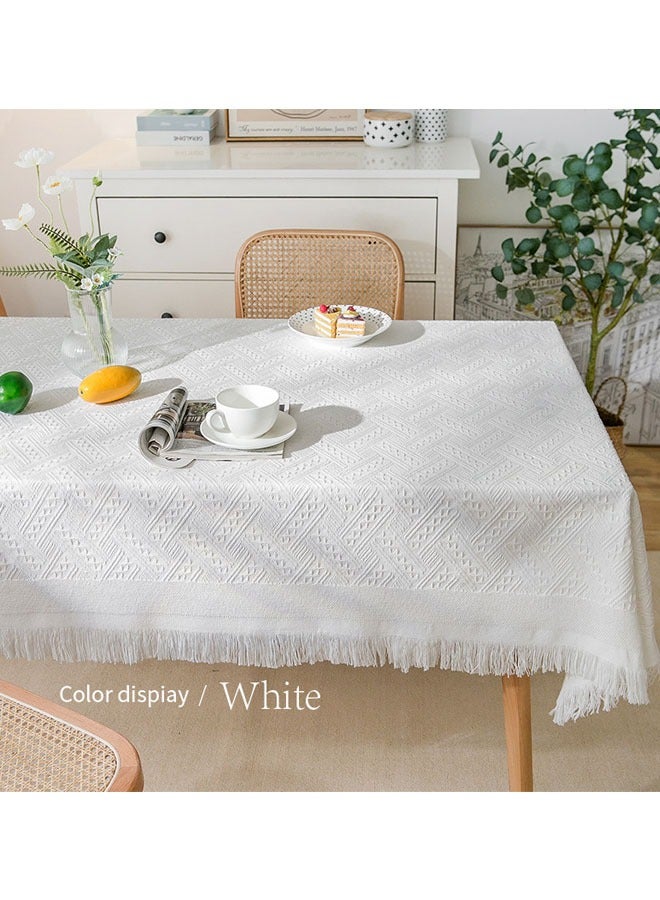 Nordic style high-quality cotton and linen white tassel lace tablecloth Internet celebrity tablecloth suitable for home use birthday party wedding party (size: 90*210cm) - Image 1
