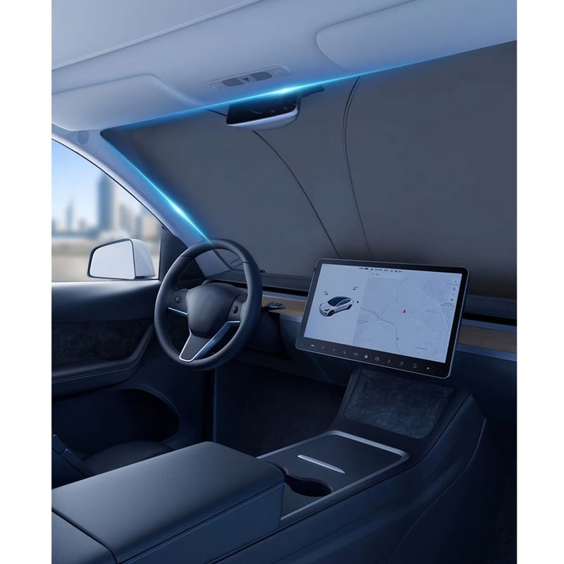 واقي شمسي للزجاج الأمامي لسيارة Tesla Model 3 Y 2020 2025، مصنوع من ألياف البوليستر العاكسة التي تحجب الحرارة وأشعة الشمس، قابل للطي، مع فتحة مخصصة للمرآة الخلفية، مقاوم للبهتان. - Image 1